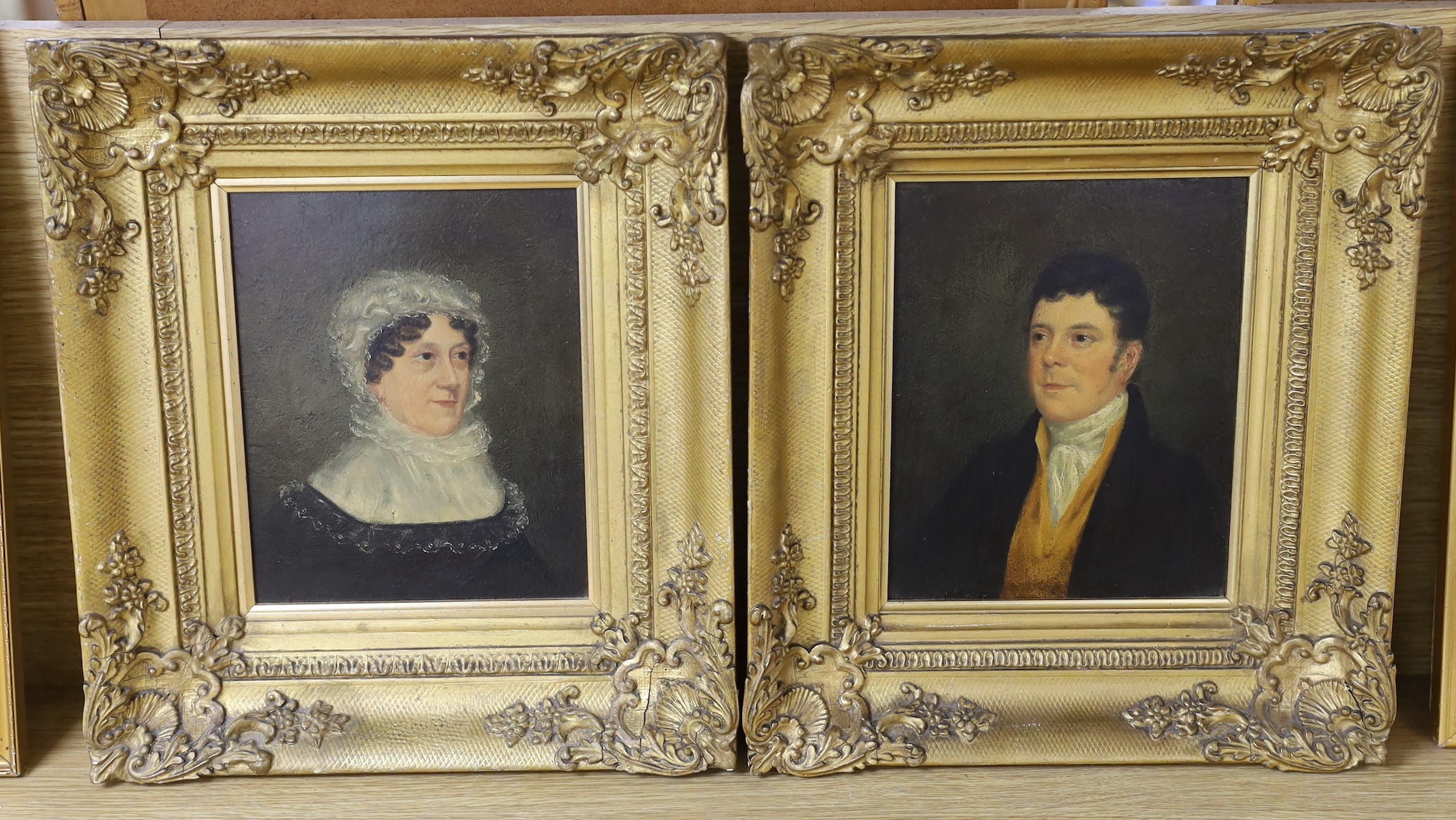 English School c.1850, pair of oils on board, Portraits of a lady and gentleman, 20 x 16cm